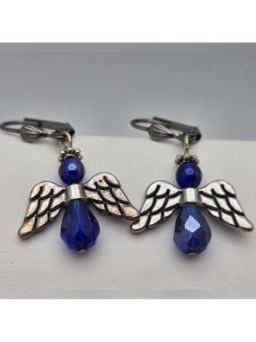 ✨2/$10✨ Handmade Dark Blue Crystal Angel Dangle Earrings Silver-Tone